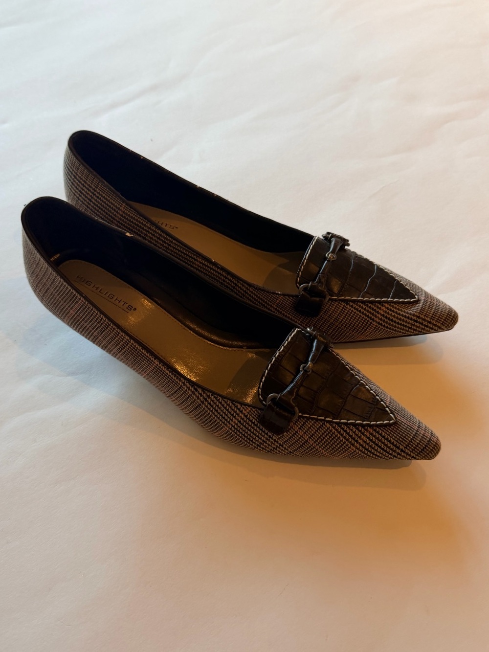 Highlights Plaid Pointed Toe Buckle Flats Brown US 8.5
